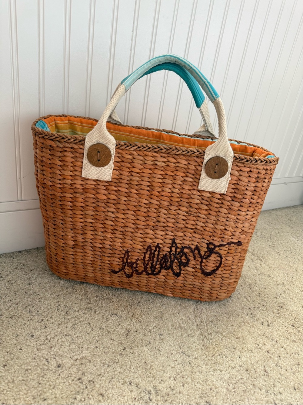 NWOT Billabong Woven Straw Tote with Turquoise Handles and Orange Lining